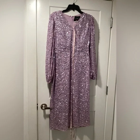 NWT Mac Duggal Size 8 Linear Sequin Long Sleeve Evening Dress - Picture 2 of 12